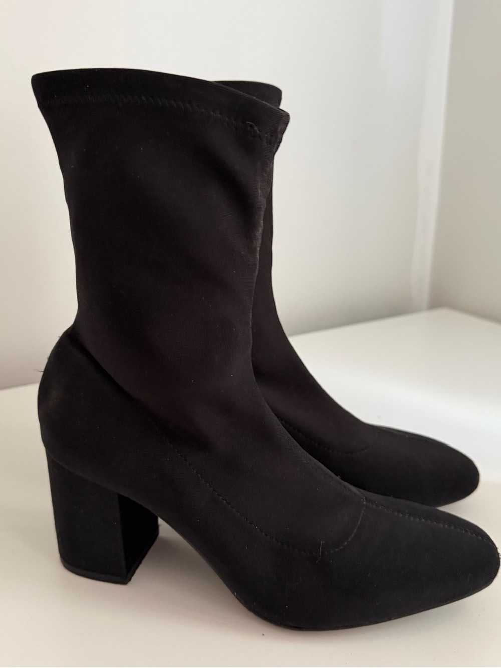 H&M Black Stretch Sock Mid-Calf Block Heel Boots
